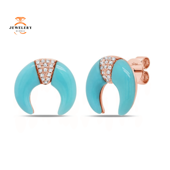 14KT GOLD 1.89 CT TURQUOISE & .06 CTW DIAMOND CRESENT EARRINGS - Image 3