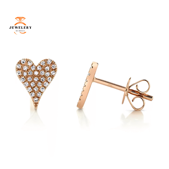 14KT ROSE GOLD 0.14 CTW DIAMOND PAVE HEART STUD EARRINGS - Image 2
