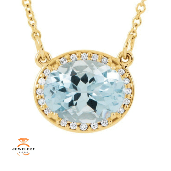 14KT GOLD 1.70 CT AQUAMARINE & .05 CTW DIAMOND HALO NECKLACE - Image 3