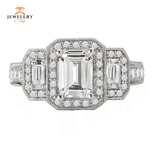 14KT 7/8 CTW Diamond 3 Stone Halo Setting for 1 CT Emerald - Image 2