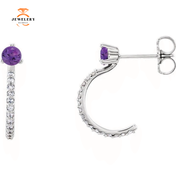 14KT GOLD 0.20 CTW AMETHYST & 0.16 CTW DIAMOND J-HOOP EARRINGS