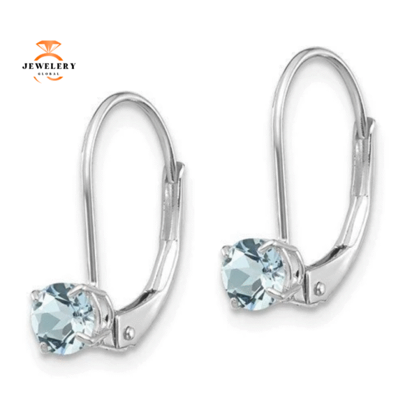 14KT GOLD 0.46 CTW ROUND AQUAMARINE LEVERBACK EARRINGS - Image 2