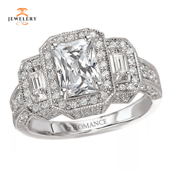 14KT 7/8 CTW Diamond 3 Stone Halo Setting for 1 CT Emerald