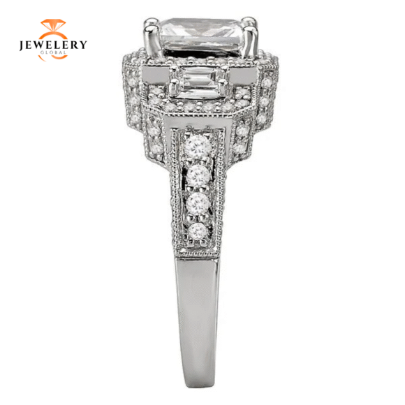 14KT 7/8 CTW Diamond 3 Stone Halo Setting for 1 CT Emerald - Image 3