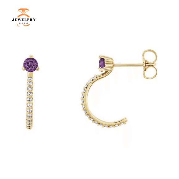 14KT GOLD 0.20 CTW AMETHYST & 0.16 CTW DIAMOND J-HOOP EARRINGS - Image 3