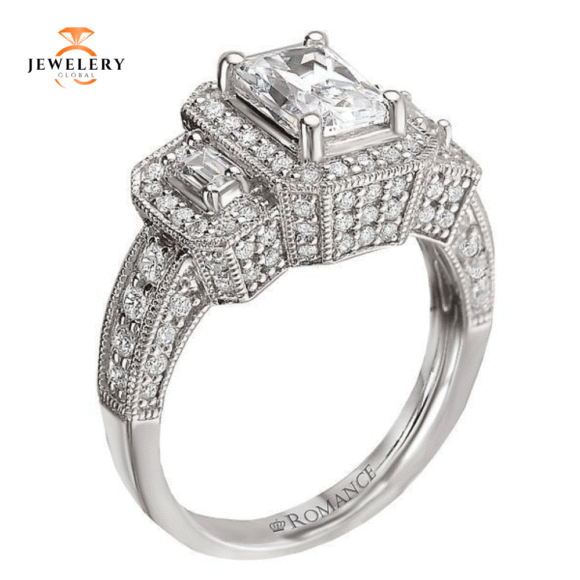 14KT 7/8 CTW Diamond 3 Stone Halo Setting for 1 CT Emerald - Image 4