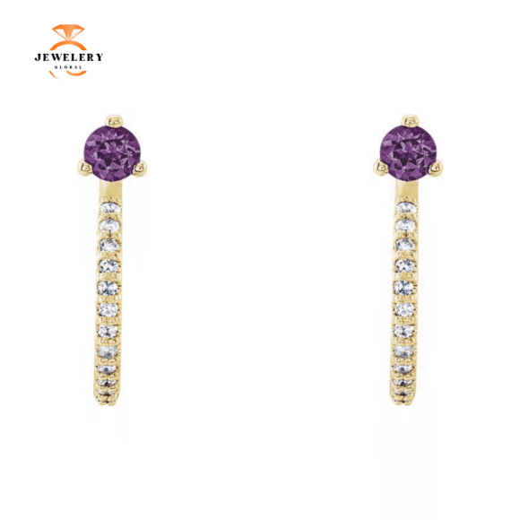 14KT GOLD 0.20 CTW AMETHYST & 0.16 CTW DIAMOND J-HOOP EARRINGS - Image 4