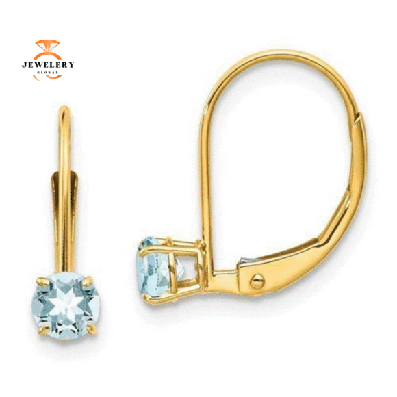 14KT GOLD 0.46 CTW ROUND AQUAMARINE LEVERBACK EARRINGS - Image 4
