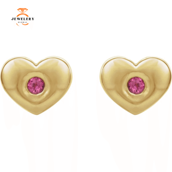 14KT GOLD 0.08 CTW PINK TOURMALINE HEART EARRINGS - Image 2