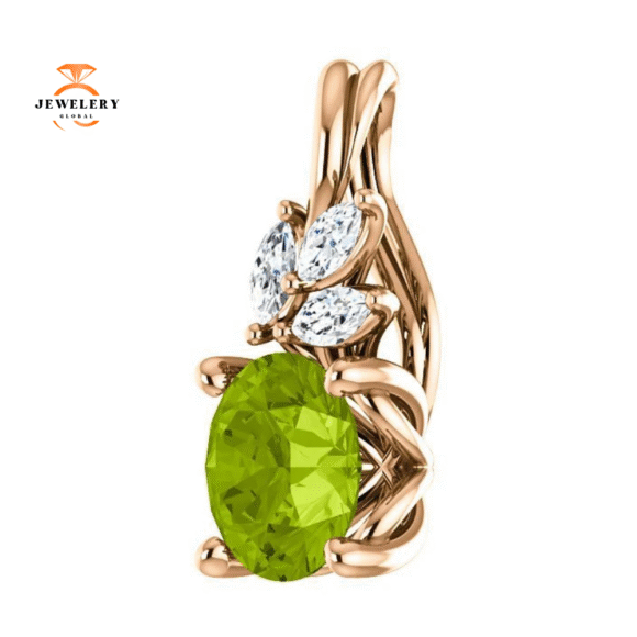 14KT GOLD 0.95 CT PERIDOT & 1/10 CTW DIAMOND FLORAL PENDANT - Image 5