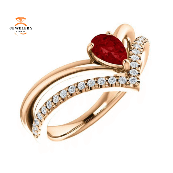 14KT GOLD 1/2 CT PEAR RUBY & 1/6 CTW DIAMOND NEGATIVE SPACE "V" RING
