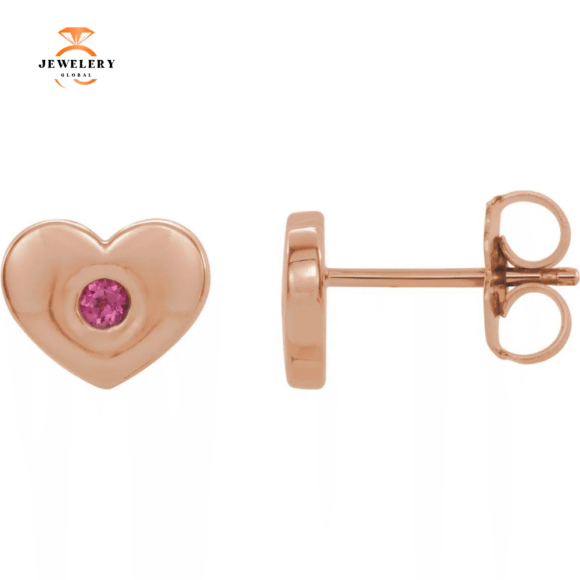 14KT GOLD 0.08 CTW PINK TOURMALINE HEART EARRINGS - Image 5