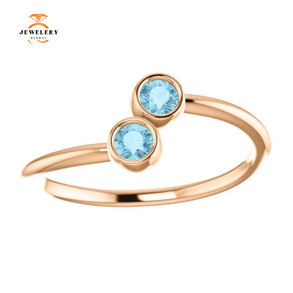 14KT GOLD 0.20 CTW ROUND AQUAMARINE 2 STONE RING - Image 2