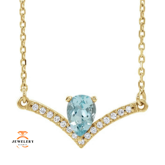 14KT GOLD 0.35 CT AQUAMARINE & .08 CTW DIAMOND "V" BAR NECKLACE