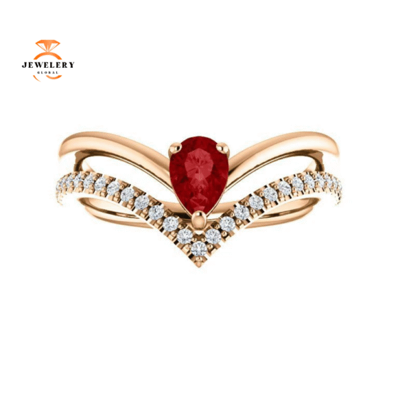 14KT GOLD 1/2 CT PEAR RUBY & 1/6 CTW DIAMOND NEGATIVE SPACE "V" RING - Image 2