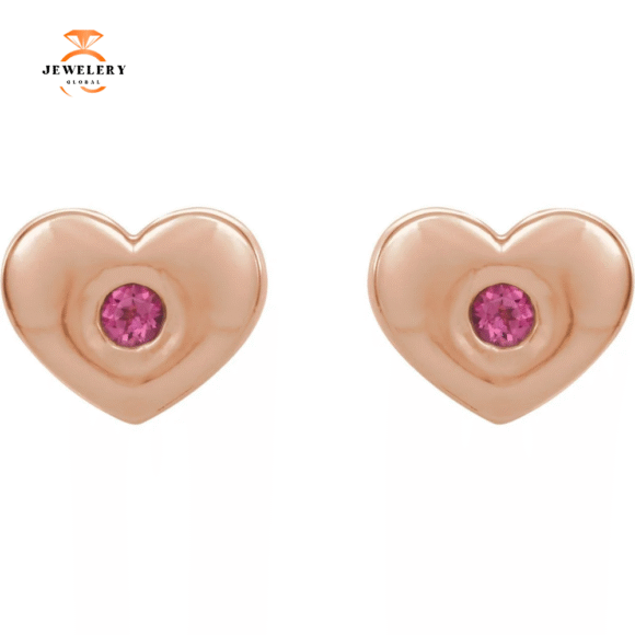 14KT GOLD 0.08 CTW PINK TOURMALINE HEART EARRINGS - Image 6