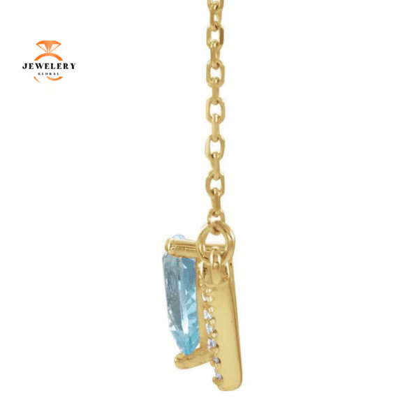 14KT GOLD 0.35 CT AQUAMARINE & .08 CTW DIAMOND "V" BAR NECKLACE - Image 2