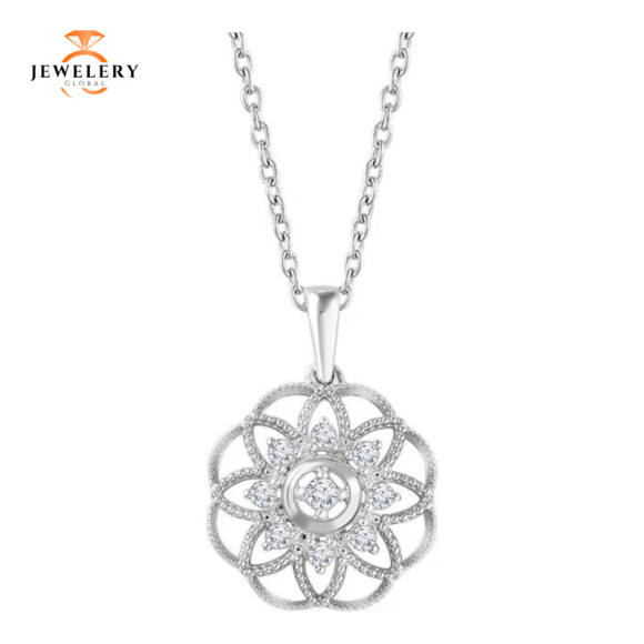 14KT 1/5 CTW DIAMOND FLOWER GRANULATED FILIGREE 18" NECKLACE