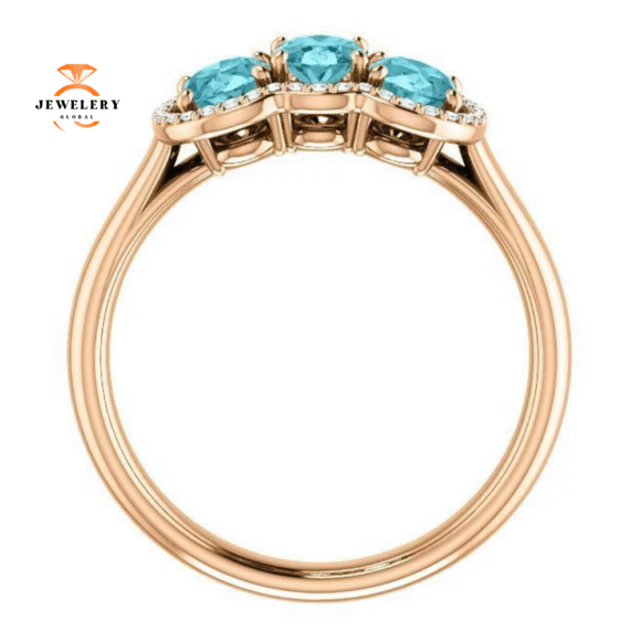 14KT GOLD 2.25 CTW BLUE ZIRCON & 0.10 CTW DIAMOND 3 STONE OVAL HALO RING - Image 8