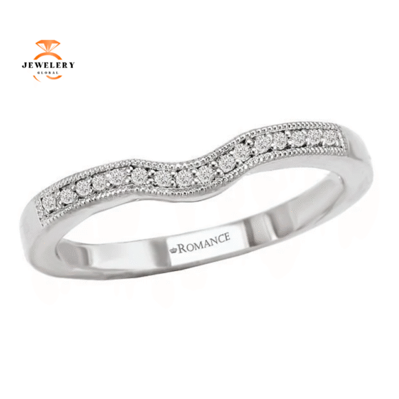 14KT White Gold .08 CTW Vintage Milgrain Curved Wedding Band
