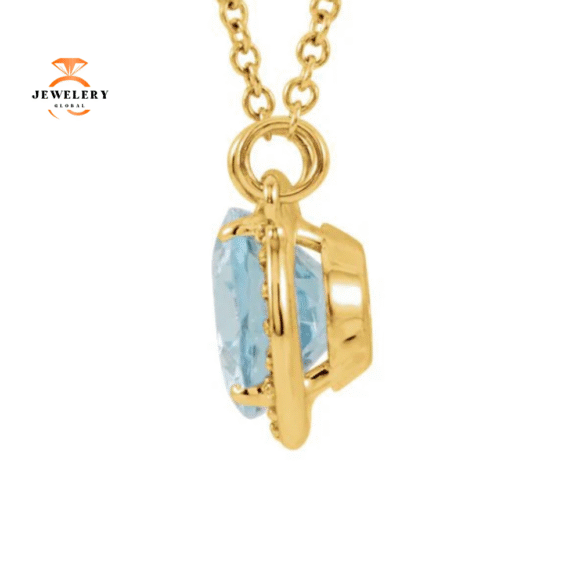 14KT GOLD 1.70 CT AQUAMARINE & .05 CTW DIAMOND HALO NECKLACE - Image 4