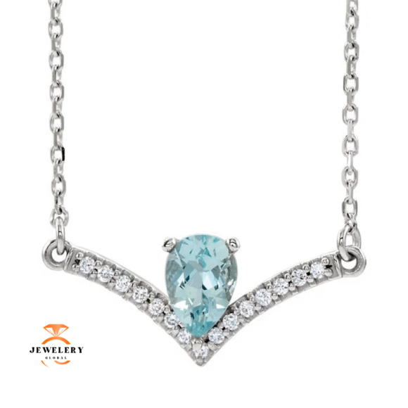 14KT GOLD 0.35 CT AQUAMARINE & .08 CTW DIAMOND "V" BAR NECKLACE - Image 3