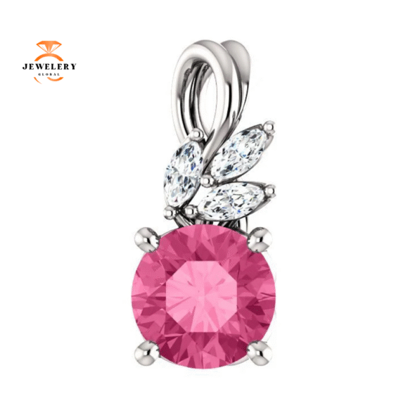 14KT GOLD 0.95 CT PINK TOURMALINE & 1/10 CTW DIAMOND FLORAL PENDANT