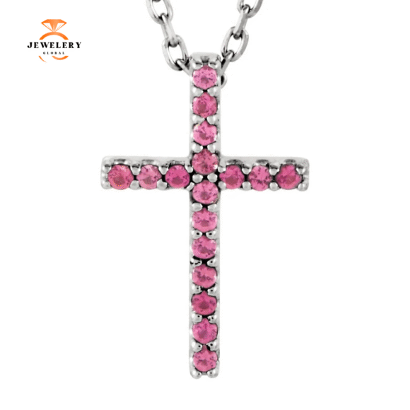 14KT GOLD 0.08 CTW PINK TOURMALINE PETITE CROSS NECKLACE