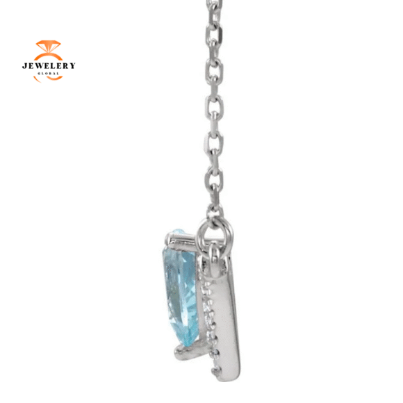 14KT GOLD 0.35 CT AQUAMARINE & .08 CTW DIAMOND "V" BAR NECKLACE - Image 4