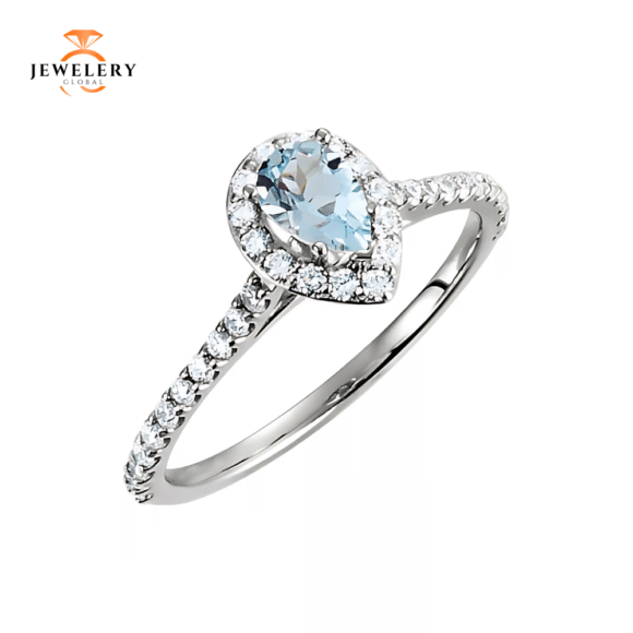 14K WHITE GOLD AQUAMARINE & 1/3 CTW DIAMOND HALO RING