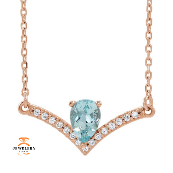 14KT GOLD 0.35 CT AQUAMARINE & .08 CTW DIAMOND "V" BAR NECKLACE - Image 5