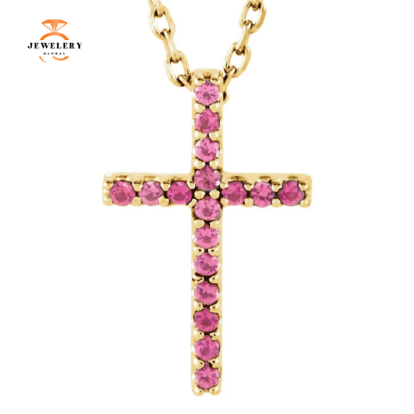 14KT GOLD 0.08 CTW PINK TOURMALINE PETITE CROSS NECKLACE - Image 3