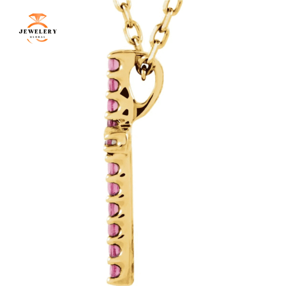 14KT GOLD 0.08 CTW PINK TOURMALINE PETITE CROSS NECKLACE - Image 4