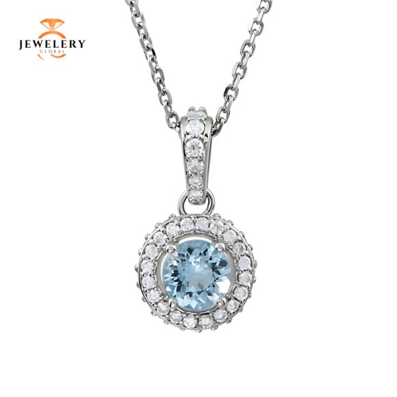 14K WHITE GOLD AQUAMARINE & 1/5 CTW DIAMOND 18" NECKLACE
