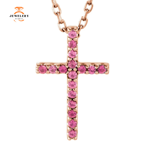 14KT GOLD 0.08 CTW PINK TOURMALINE PETITE CROSS NECKLACE - Image 5