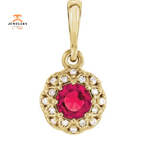 14KT GOLD 0.35 CT GENUINE RUBY & 0.04 CTW DIAMOND HALO PENDANT