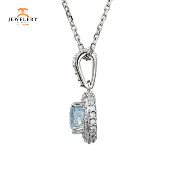14K WHITE GOLD AQUAMARINE & 1/5 CTW DIAMOND 18" NECKLACE - Image 2