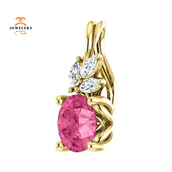 14KT GOLD 0.95 CT PINK TOURMALINE & 1/10 CTW DIAMOND FLORAL PENDANT - Image 5