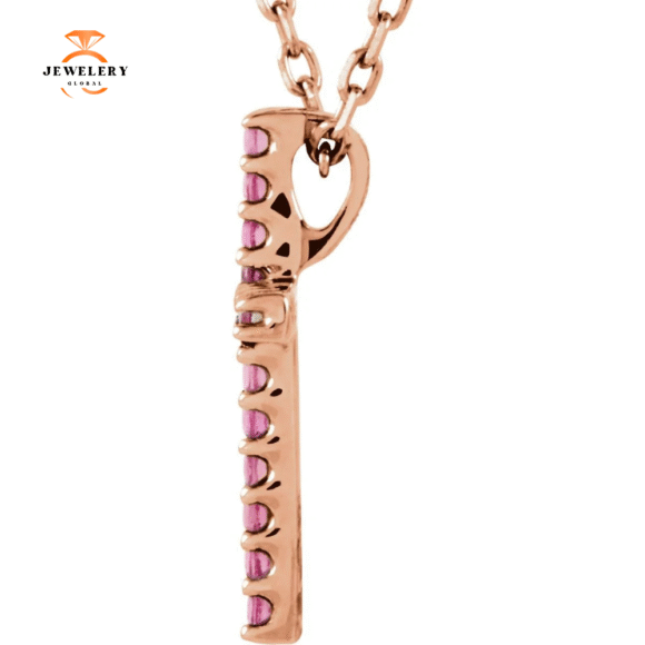 14KT GOLD 0.08 CTW PINK TOURMALINE PETITE CROSS NECKLACE - Image 6