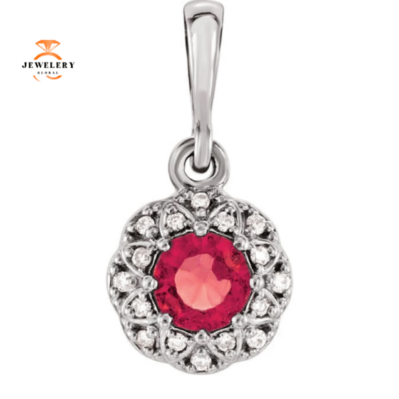 14KT GOLD 0.35 CT GENUINE RUBY & 0.04 CTW DIAMOND HALO PENDANT - Image 2