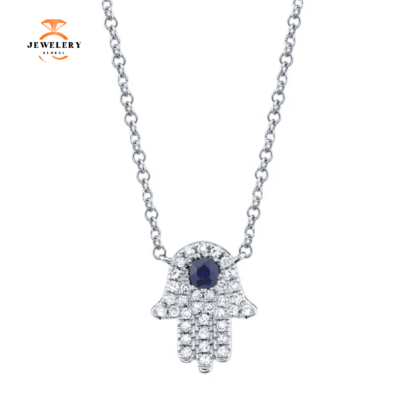 14KT GOLD 0.08 CTW SAPPHIRE & DIAMOND HAMSA NECKLACE