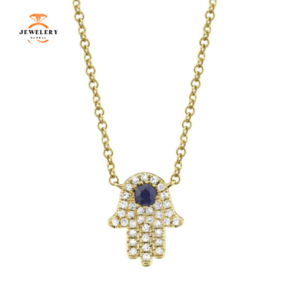 14KT GOLD 0.08 CTW SAPPHIRE & DIAMOND HAMSA NECKLACE - Image 2