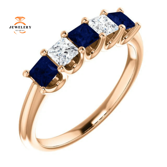 14KT GOLD 0.60 CTW SAPPHIRE & 0.33 CTW DIAMOND SQUARE 5 STONE BAND