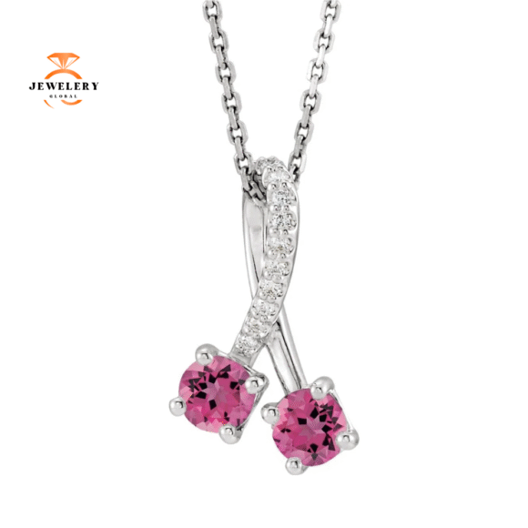 14KT GOLD 0.56 CTW PINK TOURMALINE & 1/5 CTW DIAMOND TWO STONE NECKLACE