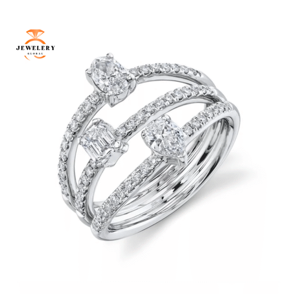 14KT Gold 1.24 CTW Multi-Shape Diamond 3 Row Ring