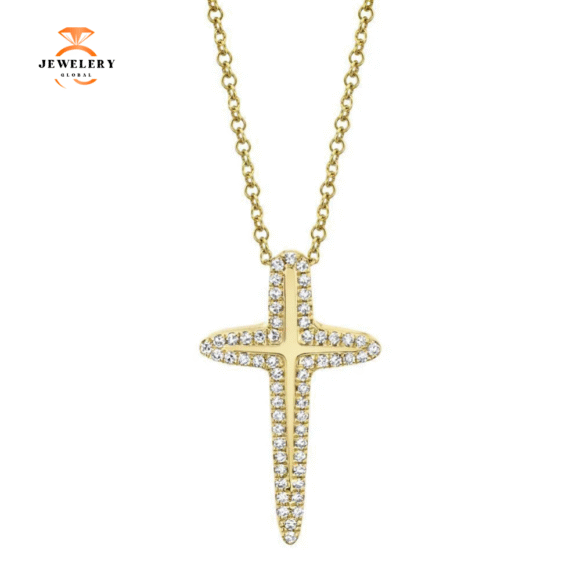14KT GOLD 0.13 CTW DIAMOND OUTLINE CROSS NECKLACE