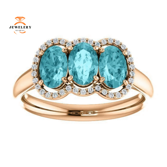 14KT GOLD 2.25 CTW BLUE ZIRCON & 0.10 CTW DIAMOND 3 STONE OVAL HALO RING - Image 9