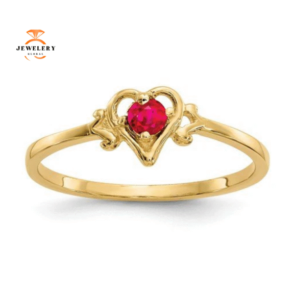 14KT GOLD ROUND RUBY BIRTHSTONE HEART RING - Image 4