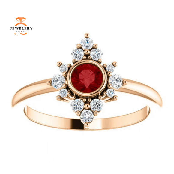 14KT GOLD 0.35 CT RUBY & 1/5 CTW DIAMOND BEZEL HALO RING - Image 3