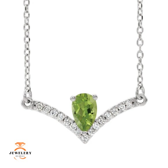 14KT GOLD 0.48 CT PERIDOT & .08 CTW DIAMOND ACCENT "V" BAR NECKLACE
